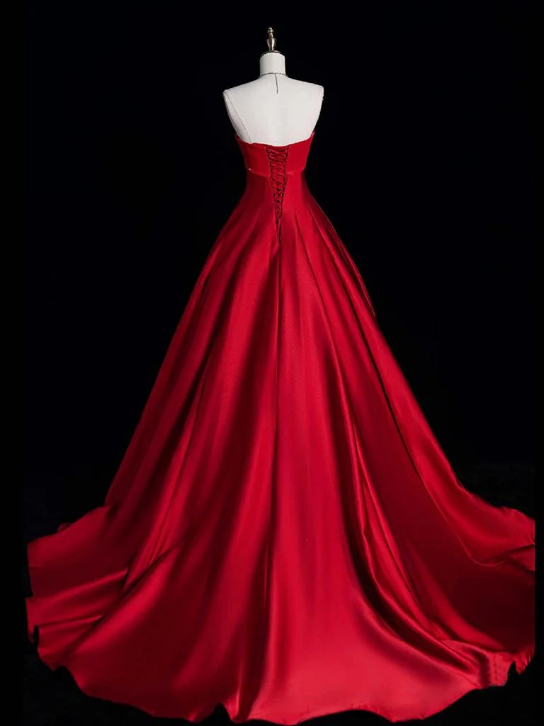 A-Line Burgundy Satin Long Prom Dress, Burgundy Long Formal Dress - Deanwangkt