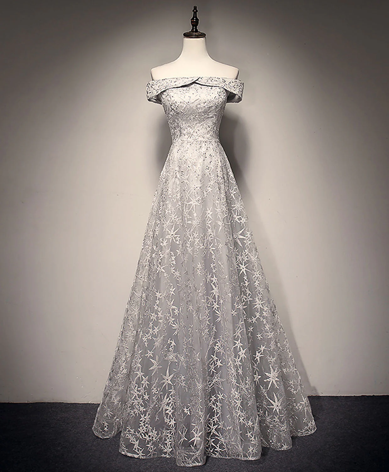 Gray White Tulle Lace Long Prom Dress Tulle Lace Formal Dress - Deanwangkt