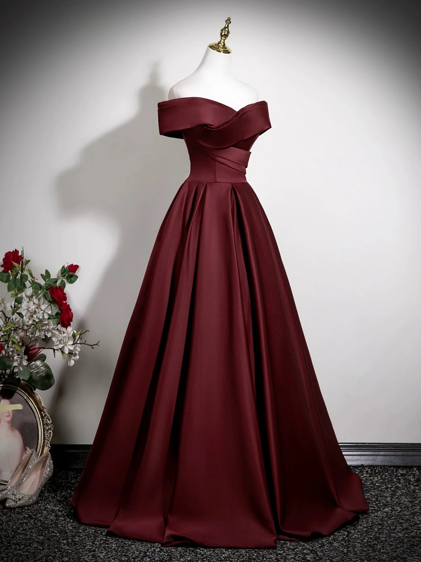A-Line Off Shoulder Satin Burgundy Long Prom Dress, Burgundy Long Formal Dress - Deanwangkt