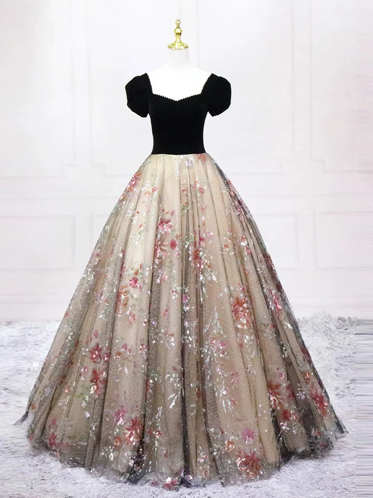 A-Line Tulle Lace Champagne/Black Long Prom Dress, Champagne/Black Formal Dress - Deanwangkt