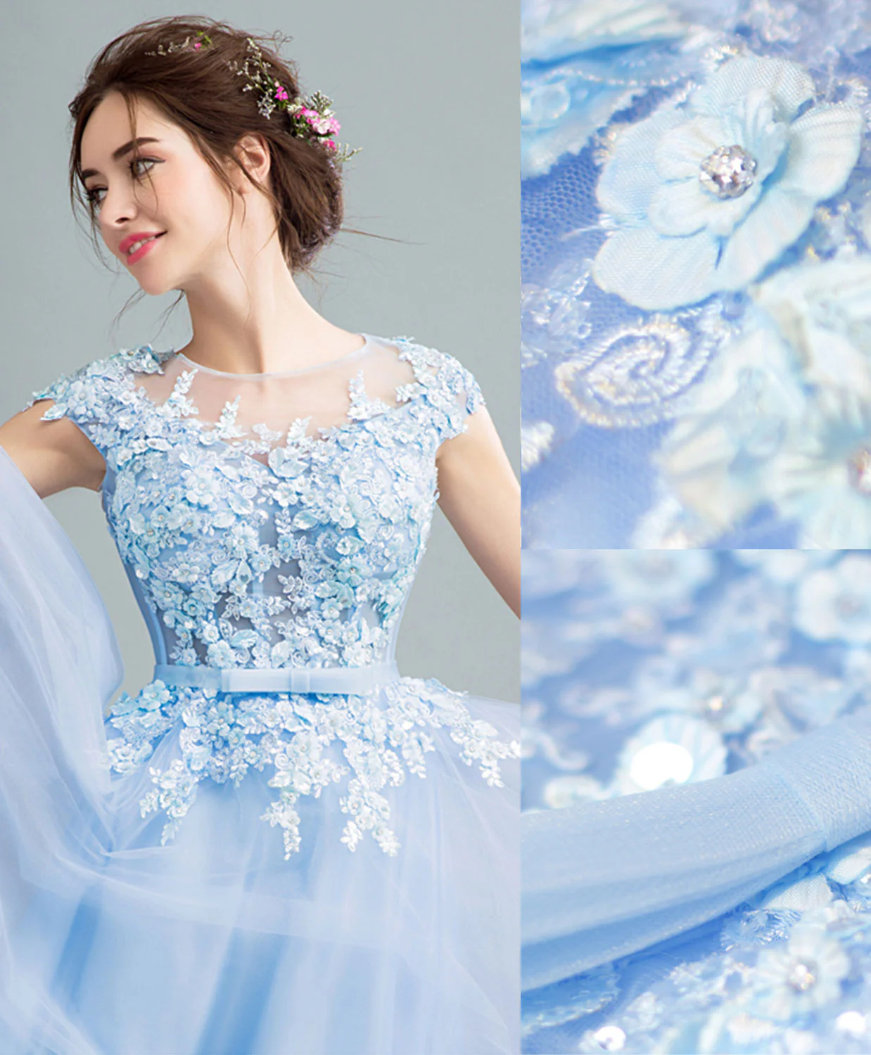 Sky Blue Lace Tulle Long Prom Dress, Lace Evening Dress - Deanwangkt