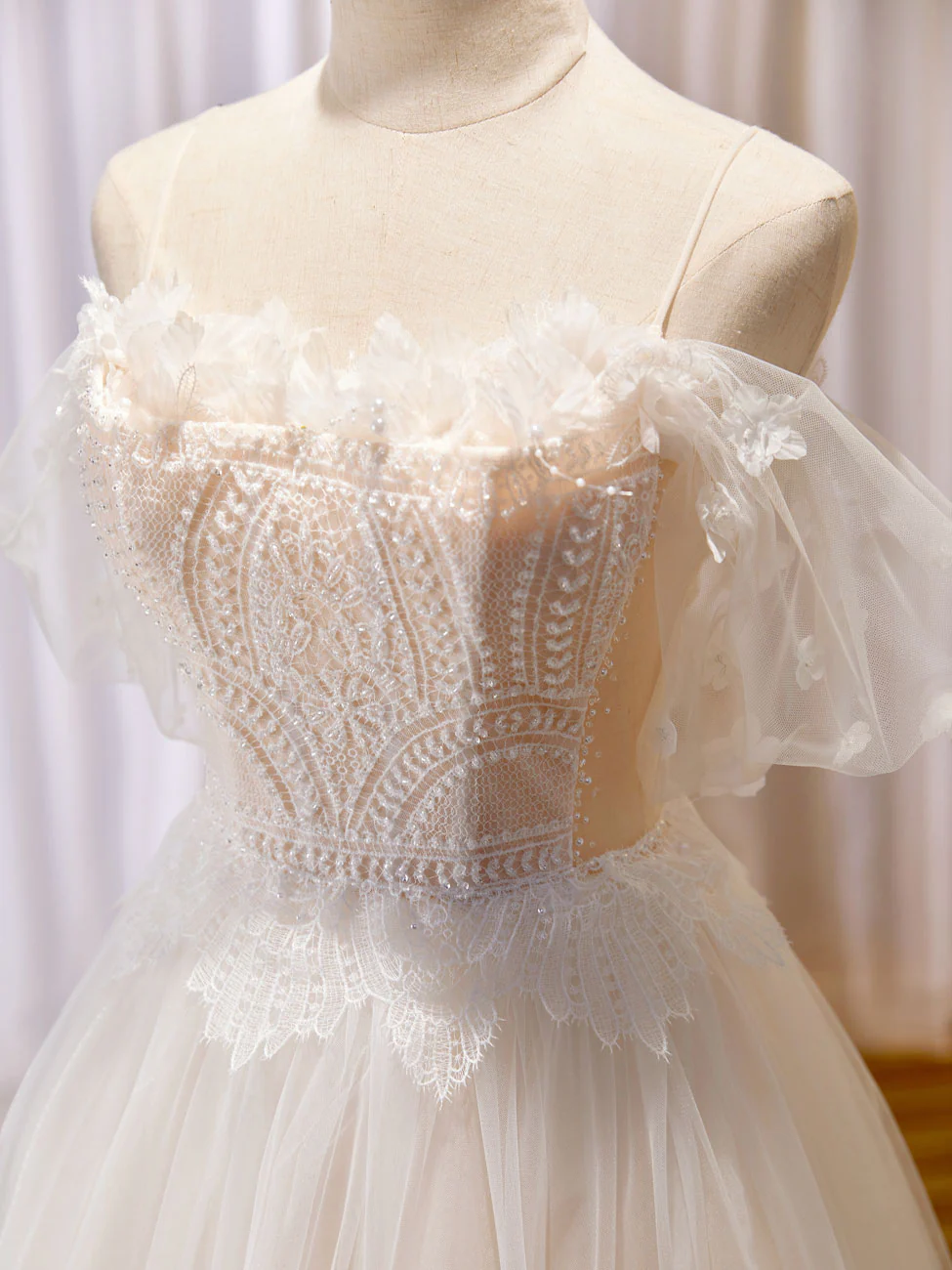 A Line Champagne Long Prom Dress, Lace Champagne Long Formal Dresses - Deanwangkt