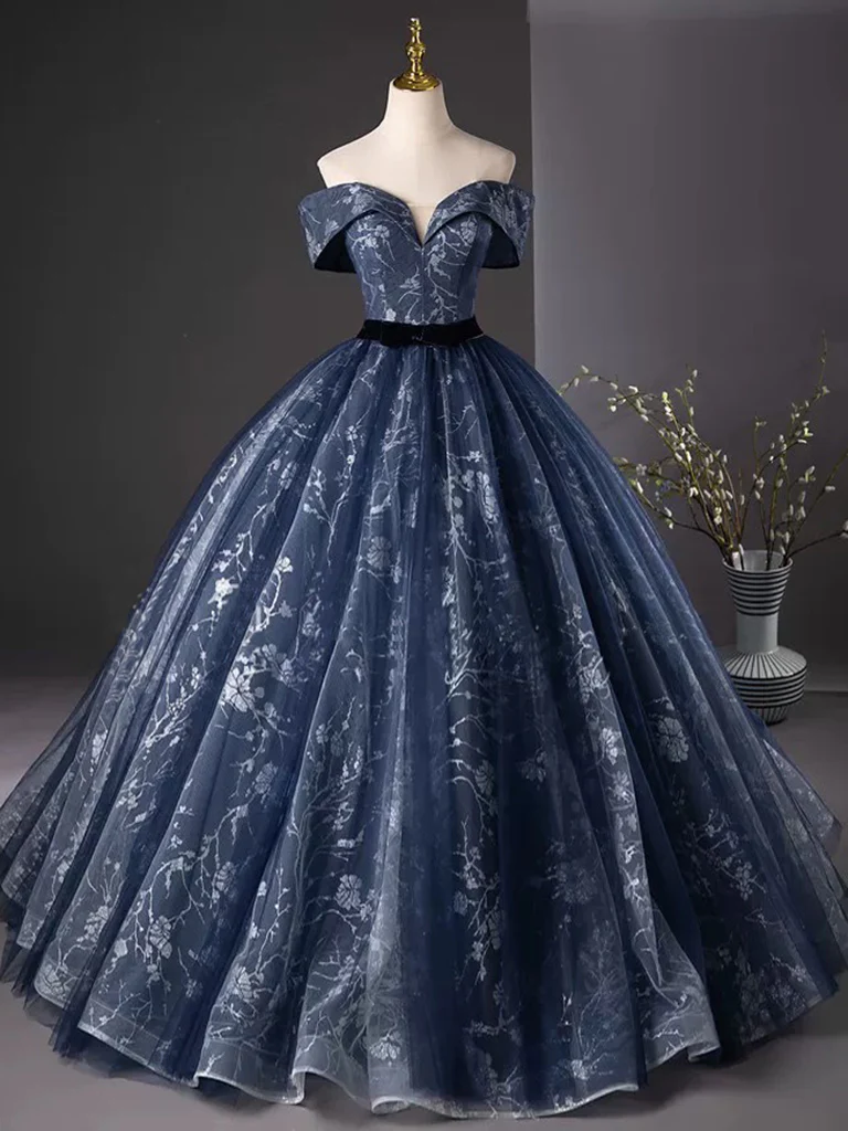 A-Line Off Shoulder Tulle Lace Dark Blue Long Prom Dress, Dark Blue Long Formal Dress - Deanwangkt