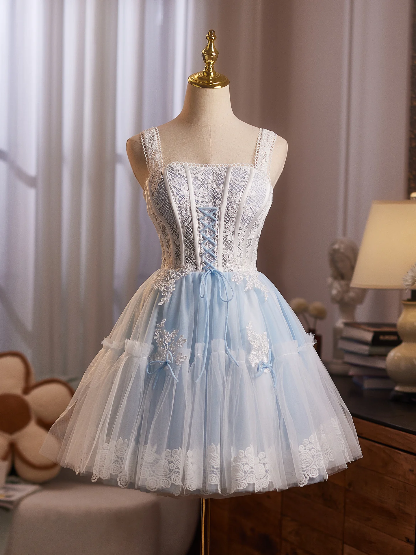 A-Line Tulle Lace Blue Short Prom Dress, Blue Homecoming Dress - Deanwangkt