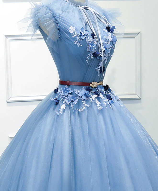 Blue High Neck Tulle Blue Long Prom Dress, Blue Evening Dress - Deanwangkt