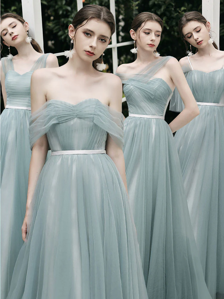 Simple A line Green Tulle Long Prom Dress, Green Tulle Bridesmaid Dresses - Deanwangkt