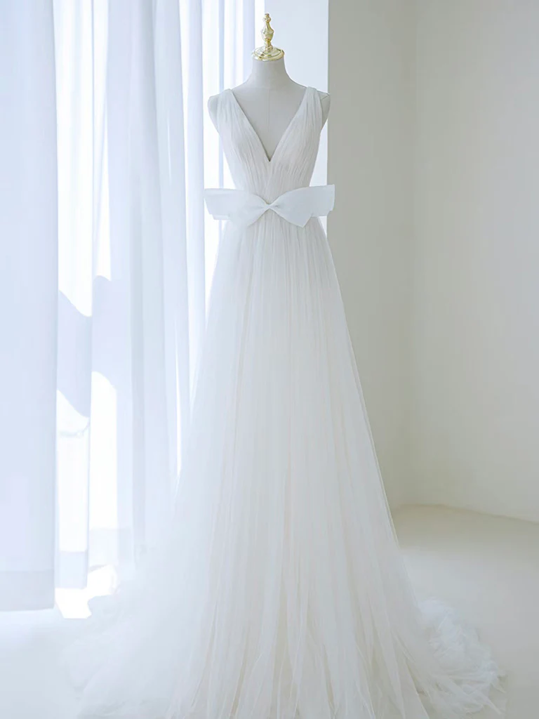 A-Line V Neck White Tulle Long Wedding Dress with Bow - Deanwangkt