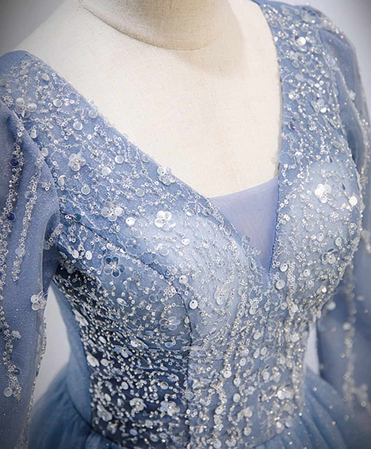 Blue V Neck Tulle Lace Long Prom Dress, Blue Evening Dress with Sequin Beading - Deanwangkt