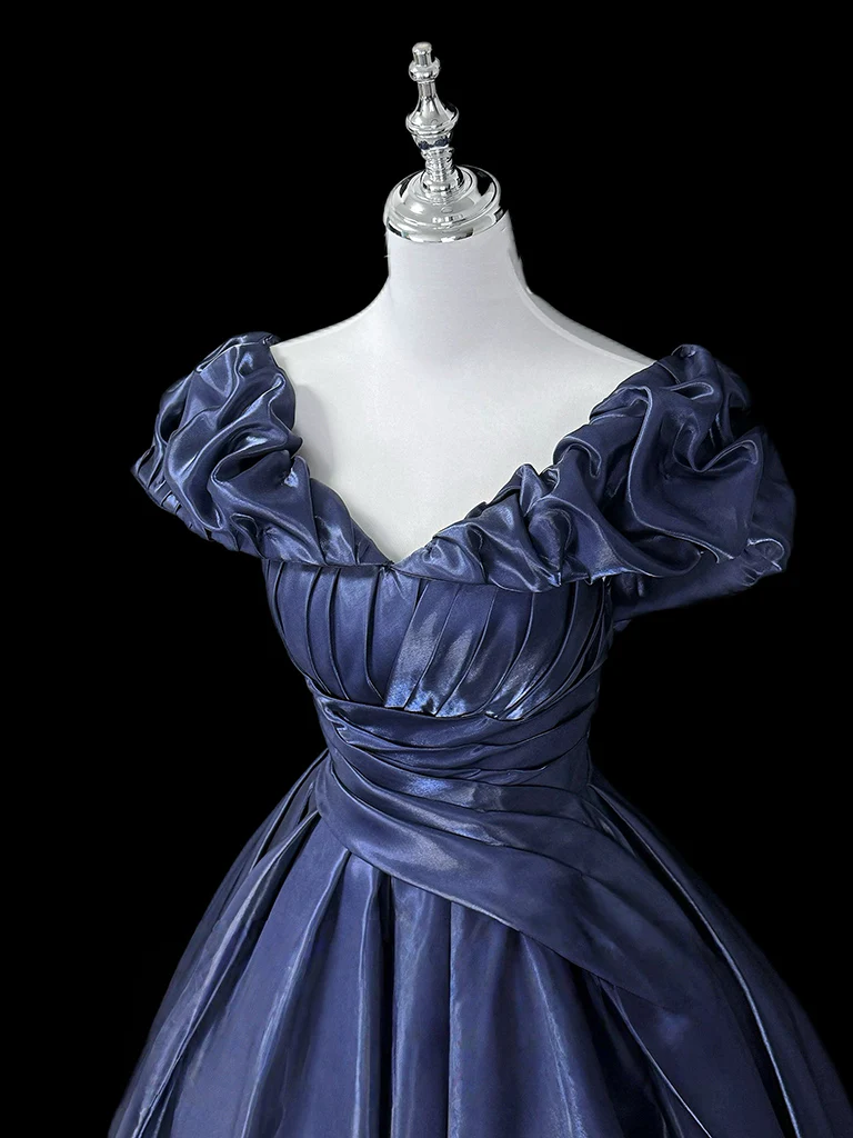 A-Line Off Shoulder Satin Dark Blue Long Prom Dress, Dark Blue Long Formal Dress - Deanwangkt