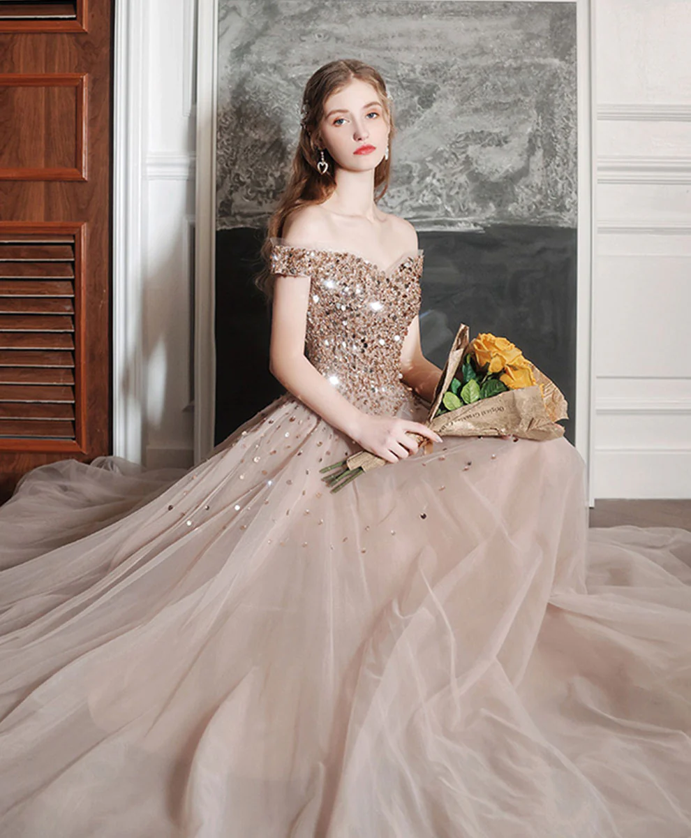 Champagne A line Long Prom Dress, Off Shoulder Champagne Formal Dress with Beading Sequin - Deanwangkt