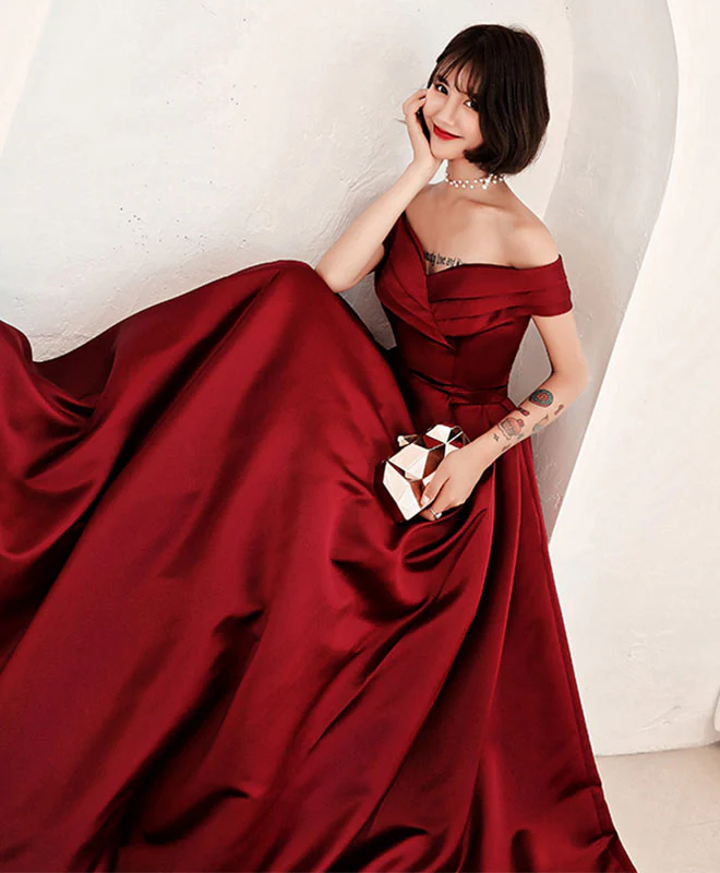 Burgundy V Neck Off Shoulder Long Prom Dress, Evening Dress - Deanwangkt