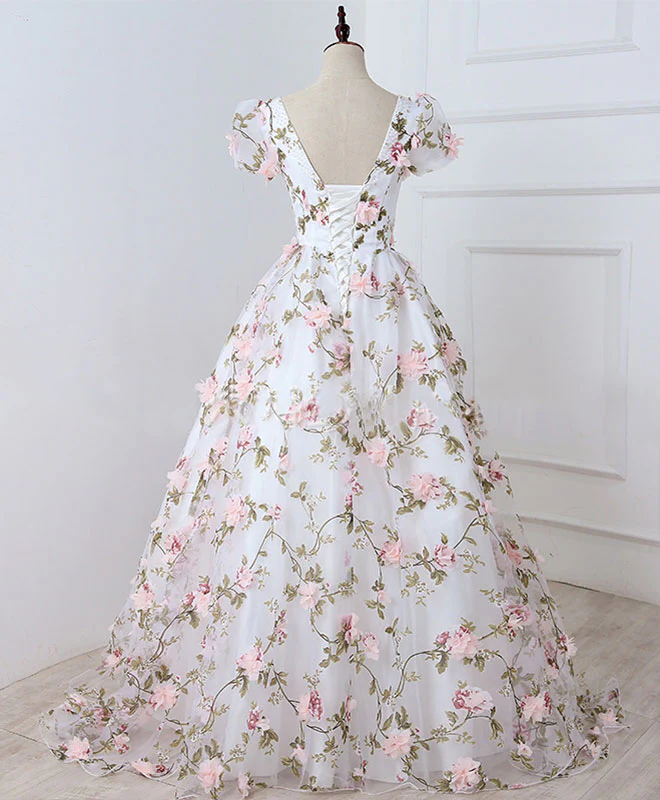 White V Neck 3D Flowers Long Prom Dress, White Evening Dress - Deanwangkt