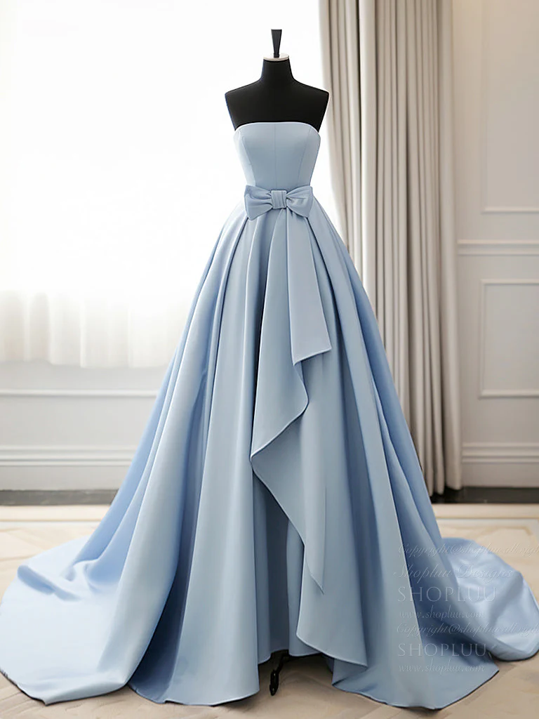 A-Line Blue Satin Long Prom Dress, Simple Satin Long Formal Dress - Deanwangkt