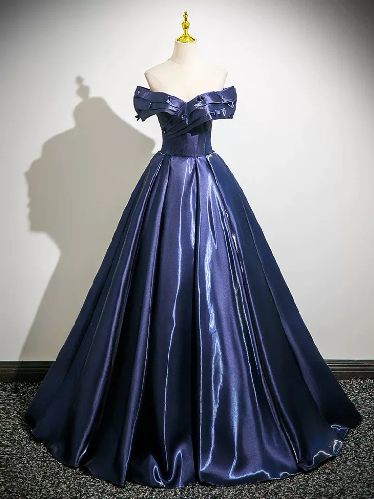 A-Line Off Shoulder Satin Dark Blue Long prom Dress, Dark Blue Long Formal Dress - Deanwangkt