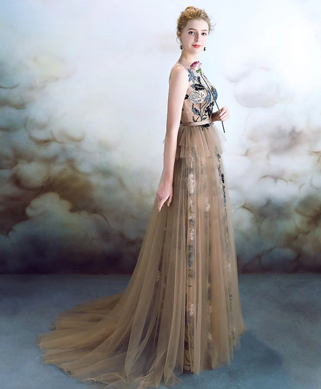 Unique Tulle Lace Long Prom Dress, Lace Applique Evening Dress - Deanwangkt