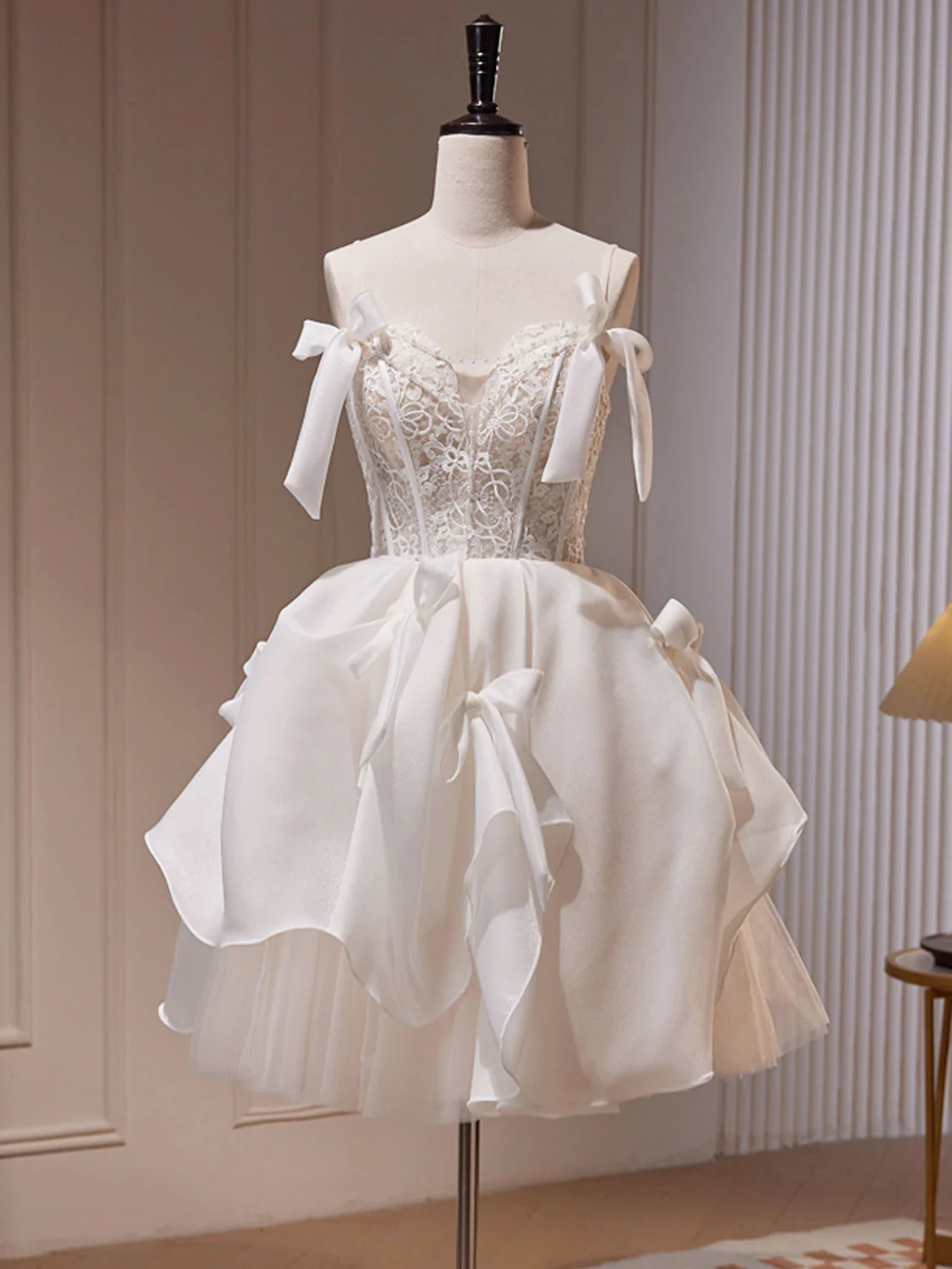 White Tulle Lace Short Prom Dress, White Short Formal Dress - Deanwangkt