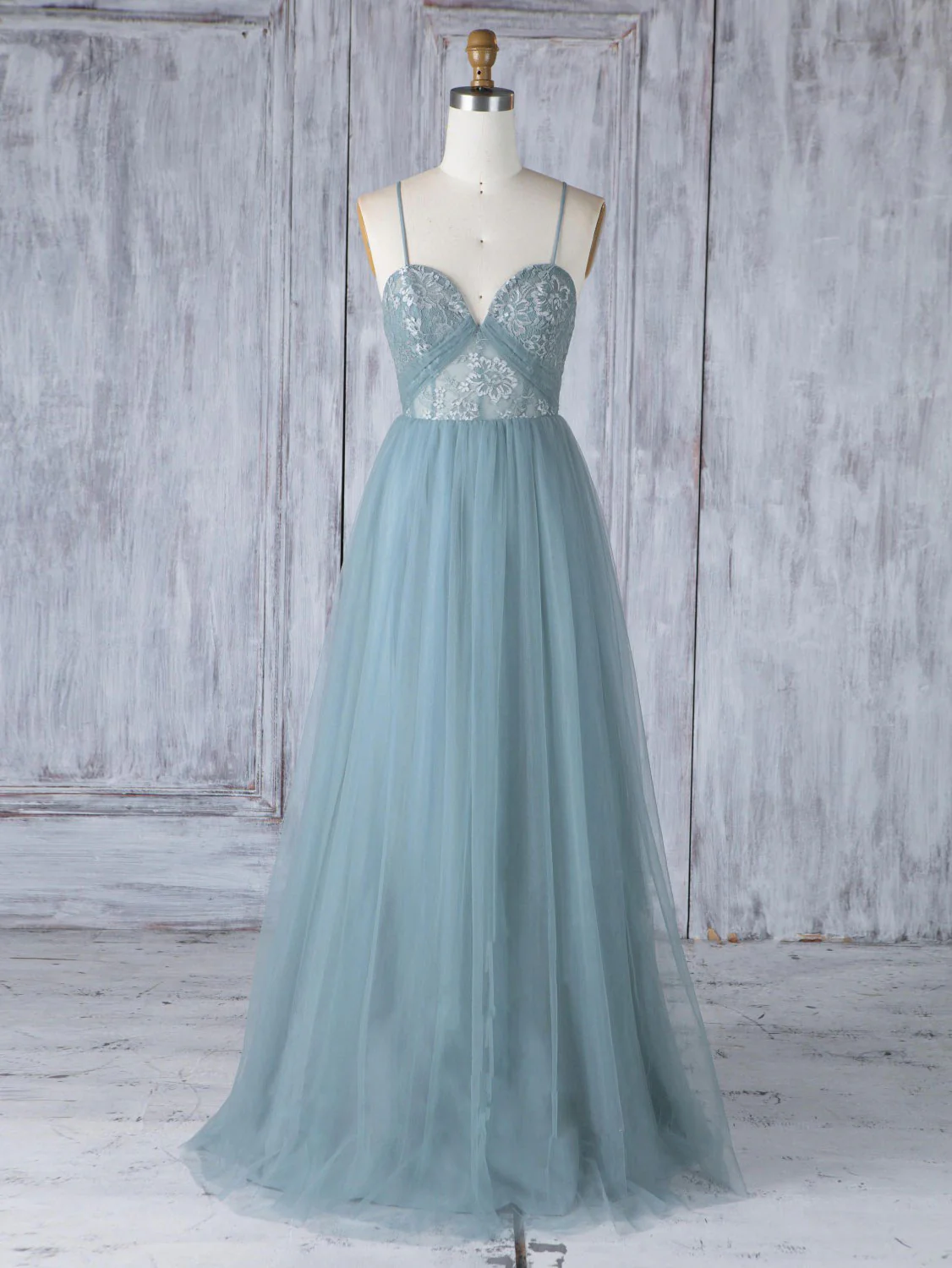 Simple Sweetheart Neck Tulle Lace Long Prom Dresses, Gray Blue Bridesmaid Dresses - Deanwangkt