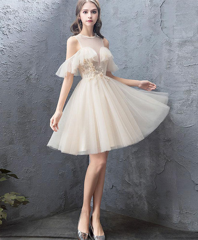 Cute Round Neck Tulle Champagne Short Prom Dress, Homecoming Dress - Deanwangkt