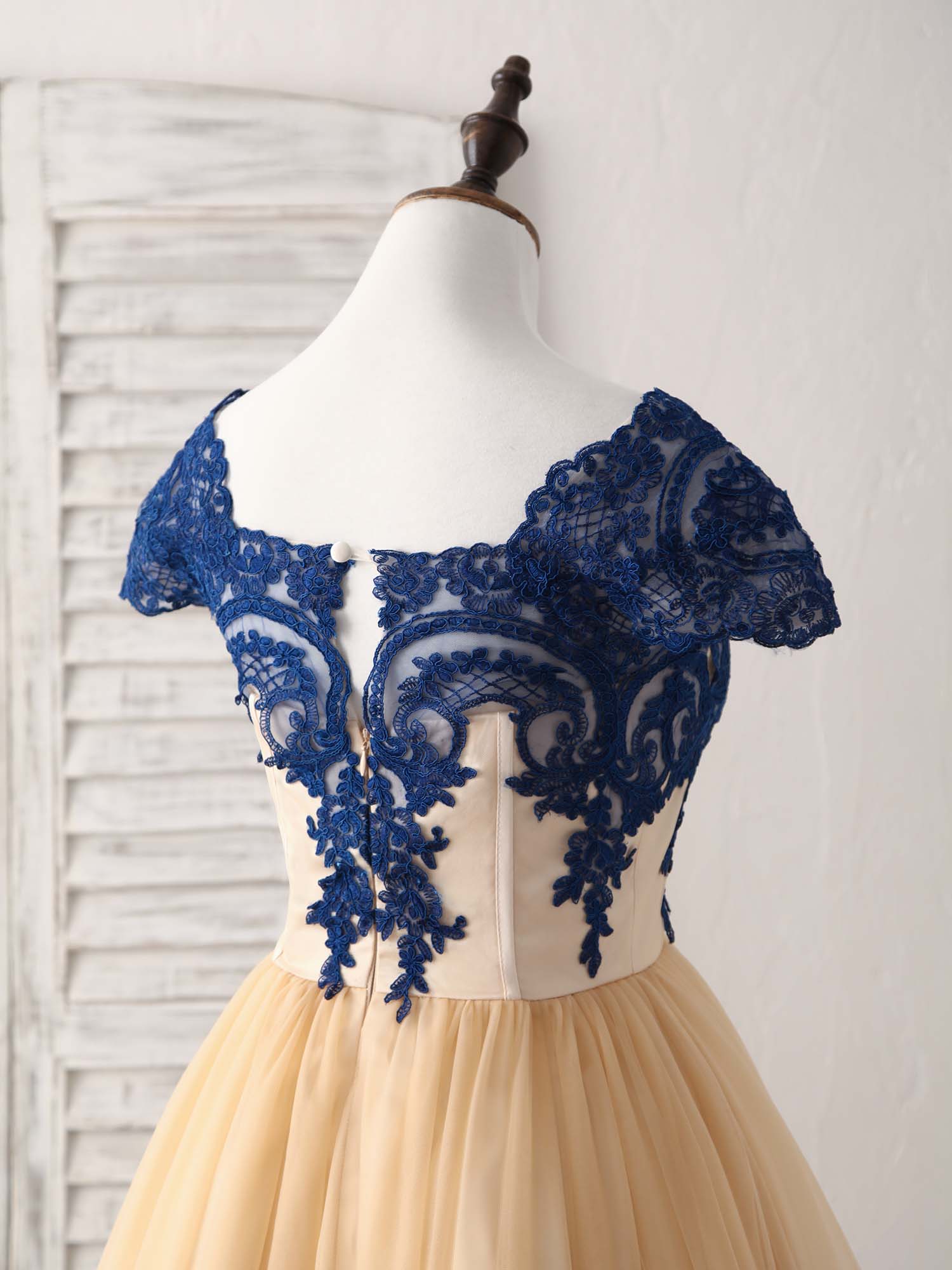 Champagne Tulle Lace Applique Short Prom Dress, Bridesmaid Dress - Deanwangkt