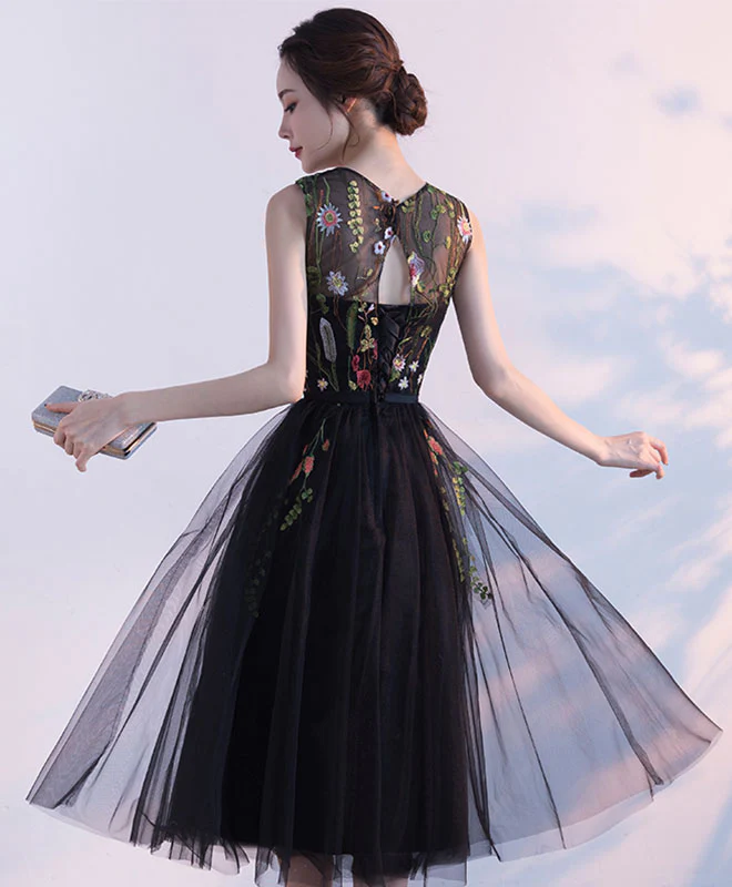 Black Round Neck Lace Tulle Short Prom Dress, Black Evening Dress - Deanwangkt