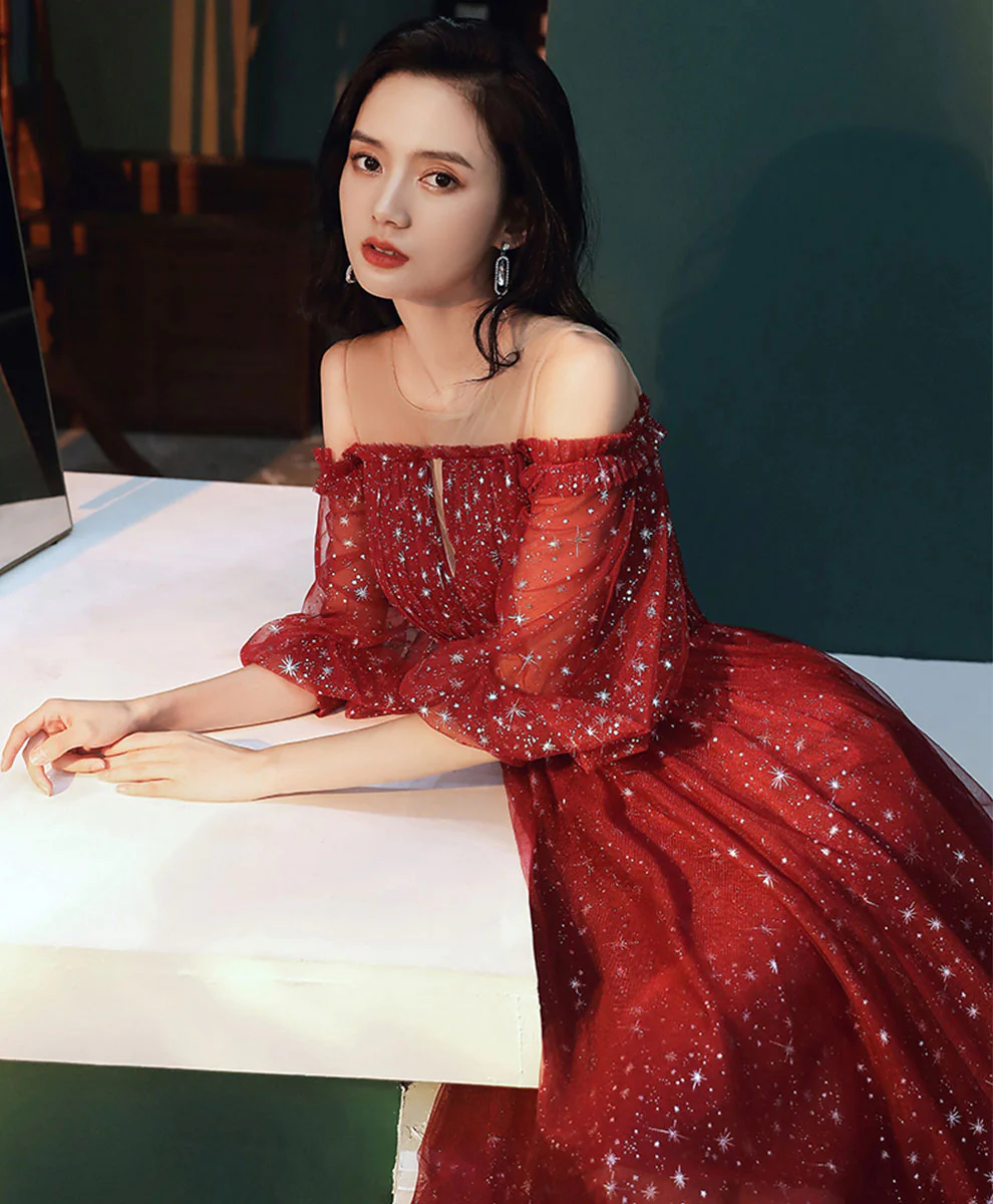 Burgundy Round Neck Tulle Sequin Short Prom Dress, Burgundy Homecoming Dress - Deanwangkt