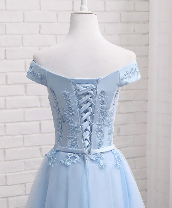Sky Blue A Line Lace Off Shoulder Prom Dress, Lace Bridesmaid Dresses - Deanwangkt