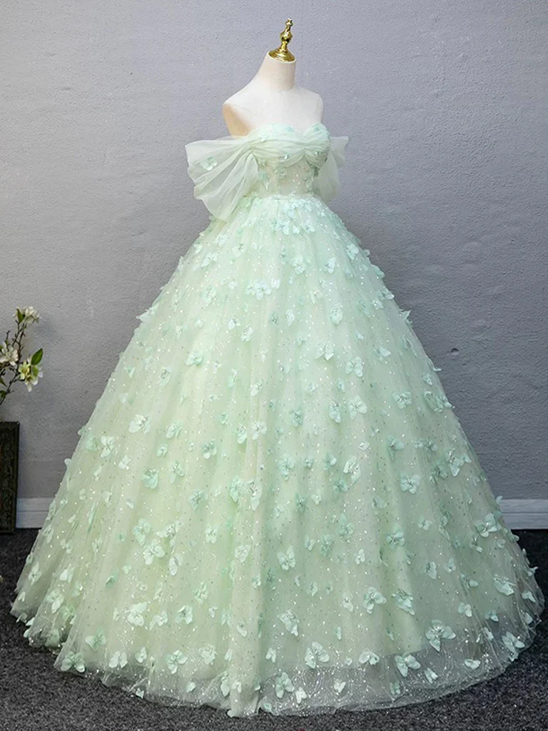 A-Line Tulle Lace Green Long Prom Dress, Green Long Formal Dress - Deanwangkt