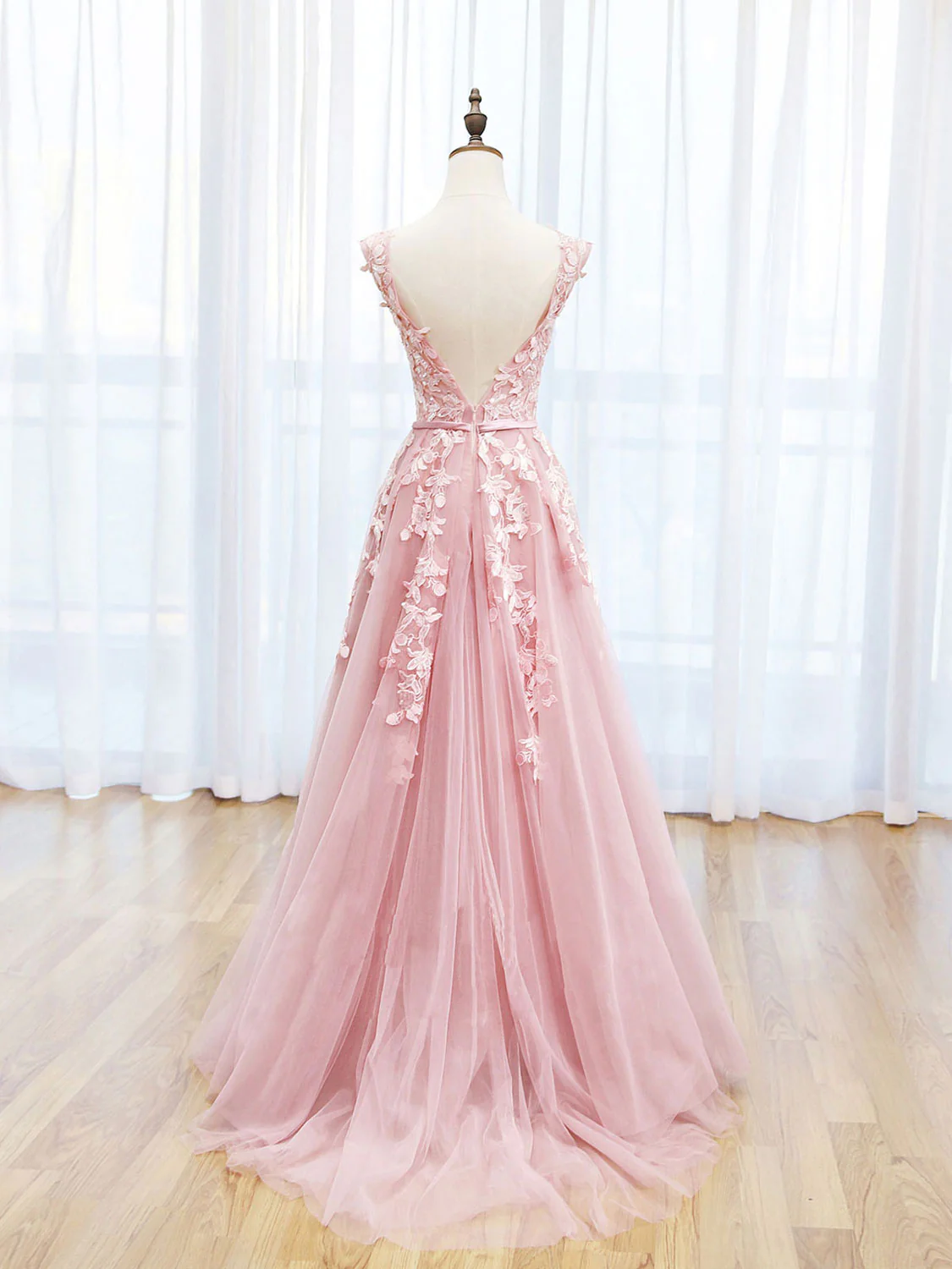 Scoop Neckline Tulle Pink Long Prom Dress, Pink Backless Evening Dresses - Deanwangkt
