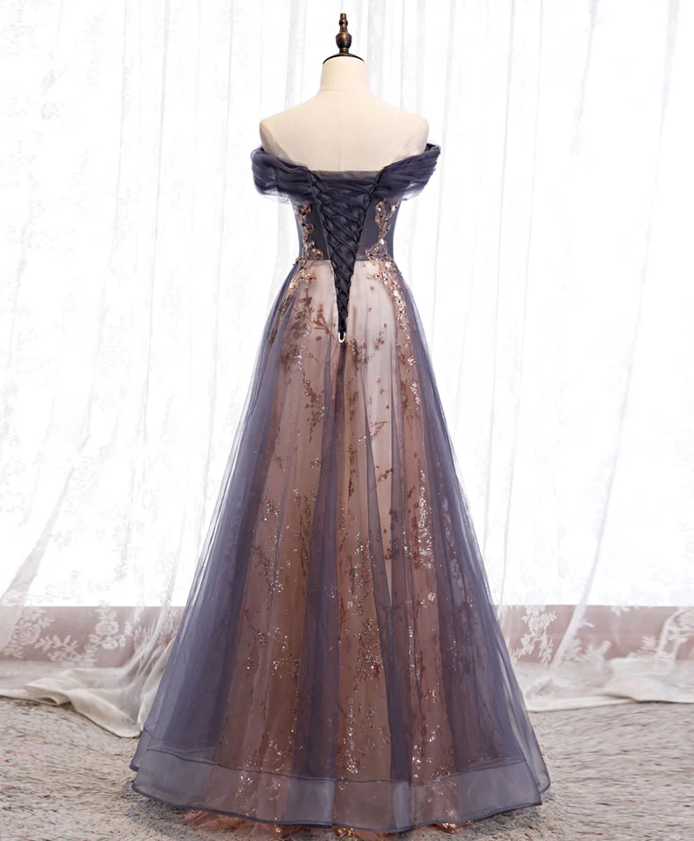 Unique Tulle Off Shoulder Lace Long Prom Dress Lace Formal Dress - Deanwangkt