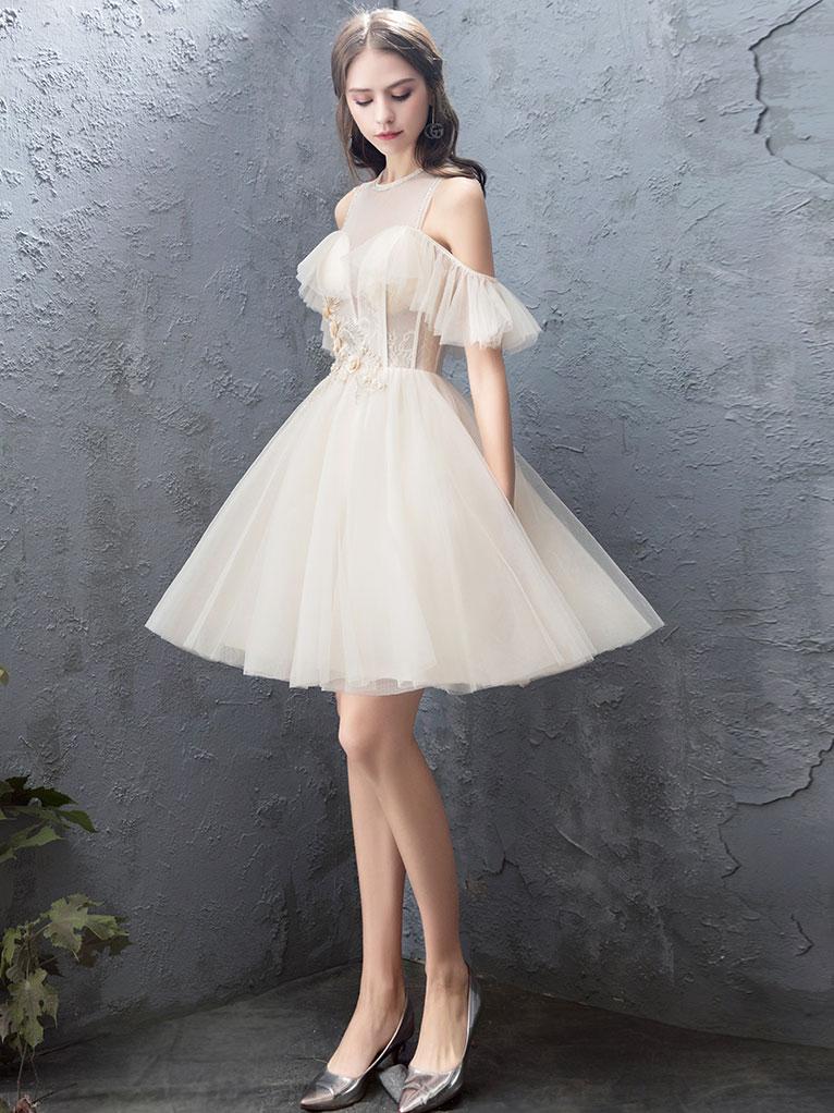 Cute Round Neck Tulle Champagne Short Prom Dress, Homecoming Dress - Deanwangkt
