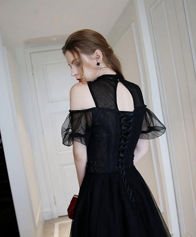 Unique Black High Neck Tulle Long Prom Dress, Black Evening Dress - Deanwangkt