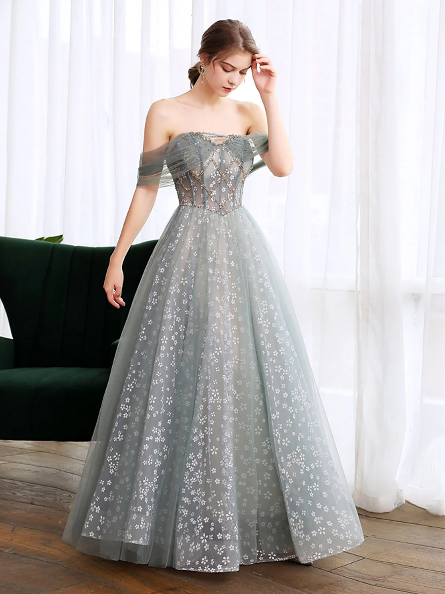 Gray Blue Tulle Lace Long Prom Dress, Gray Blue Evening Dress - Deanwangkt