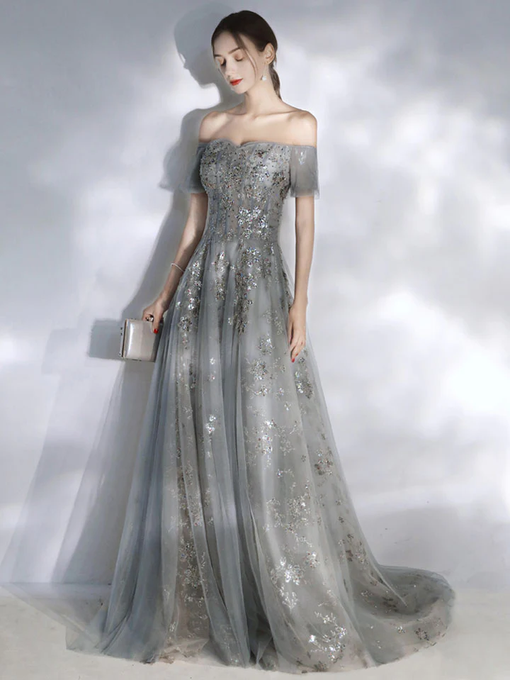 Gray Tulle Sequin Lace Long Prom Dress, Gray Tulle Formal Dress - Deanwangkt