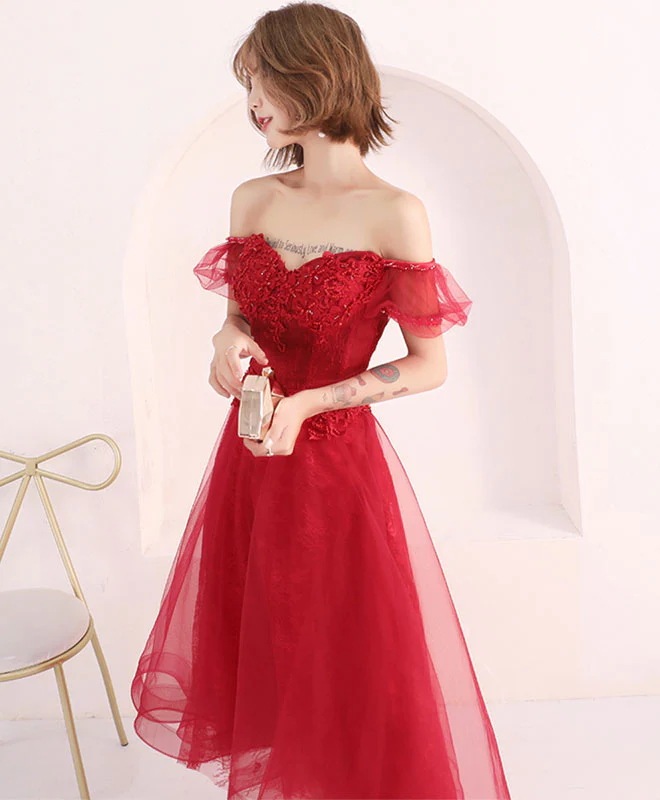 Burgundy Lace Short Prom Dress, Burgundy Evening Dress - Deanwangkt