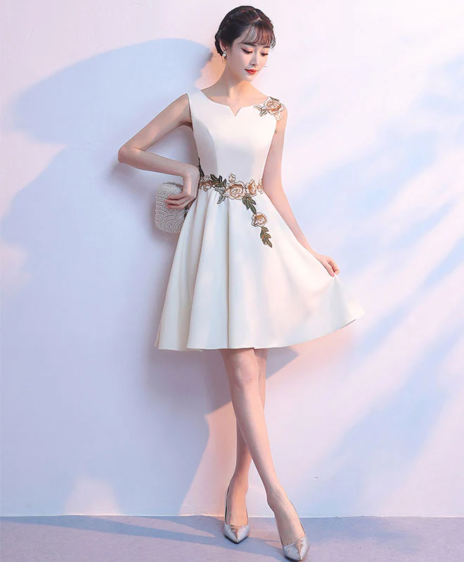 Simple Light Champagne Satin Applique Short Prom Dress, Cute Homecoming Dress - Deanwangkt