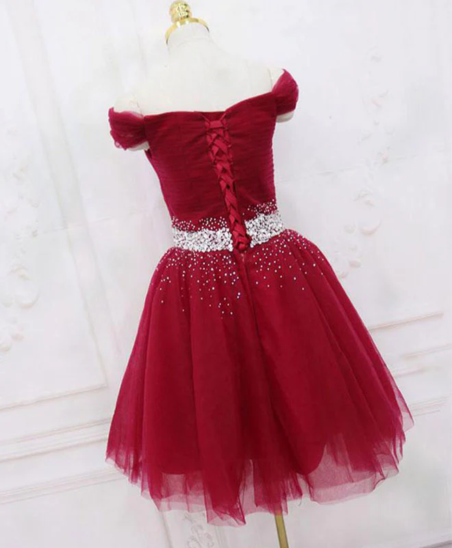 Burgundy Tulle Sequin Short Prom Dress, Burgundy Homecoming Dress - Deanwangkt
