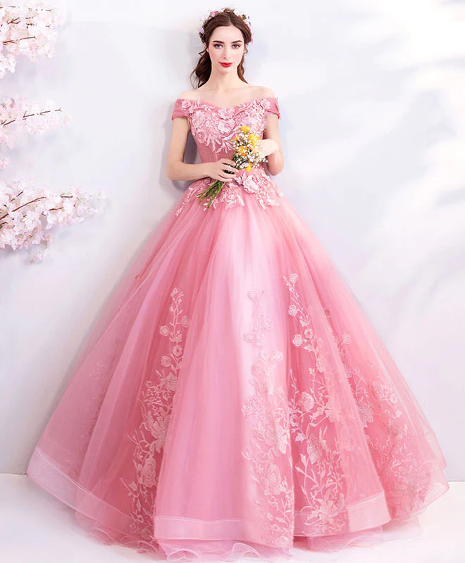 Pink Tulle Off Shoulder Lace Long Prom Dress, Pink Evening Dress - Deanwangkt