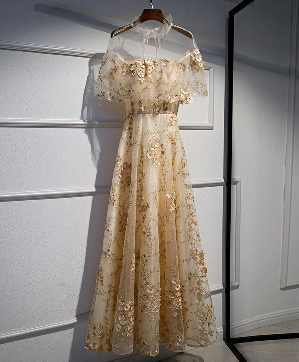 Aline Champagne Tulle Lace Long Prom Dress, Champagne Formal Dress - Deanwangkt