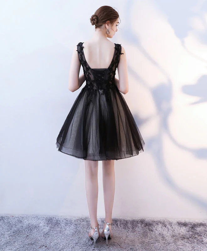 Black V Neck Tulle Lace Short Prom Dress, Homecoming Dress - Deanwangkt