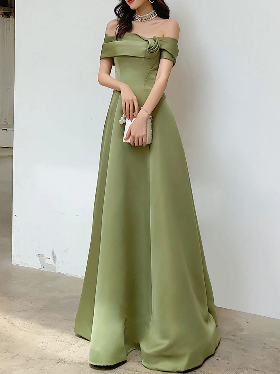 A Line Satin Green Long Prom Dresses, Off Shoulder Green Long Formal Dresses - Deanwangkt