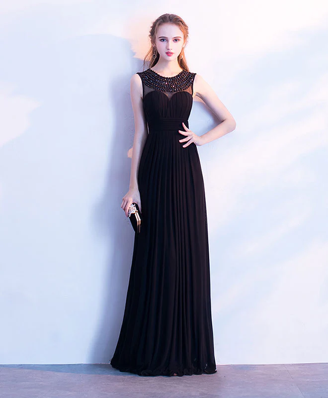 Elegant Black Chiffon Long Prom Dress, Black Evening Dress - Deanwangkt