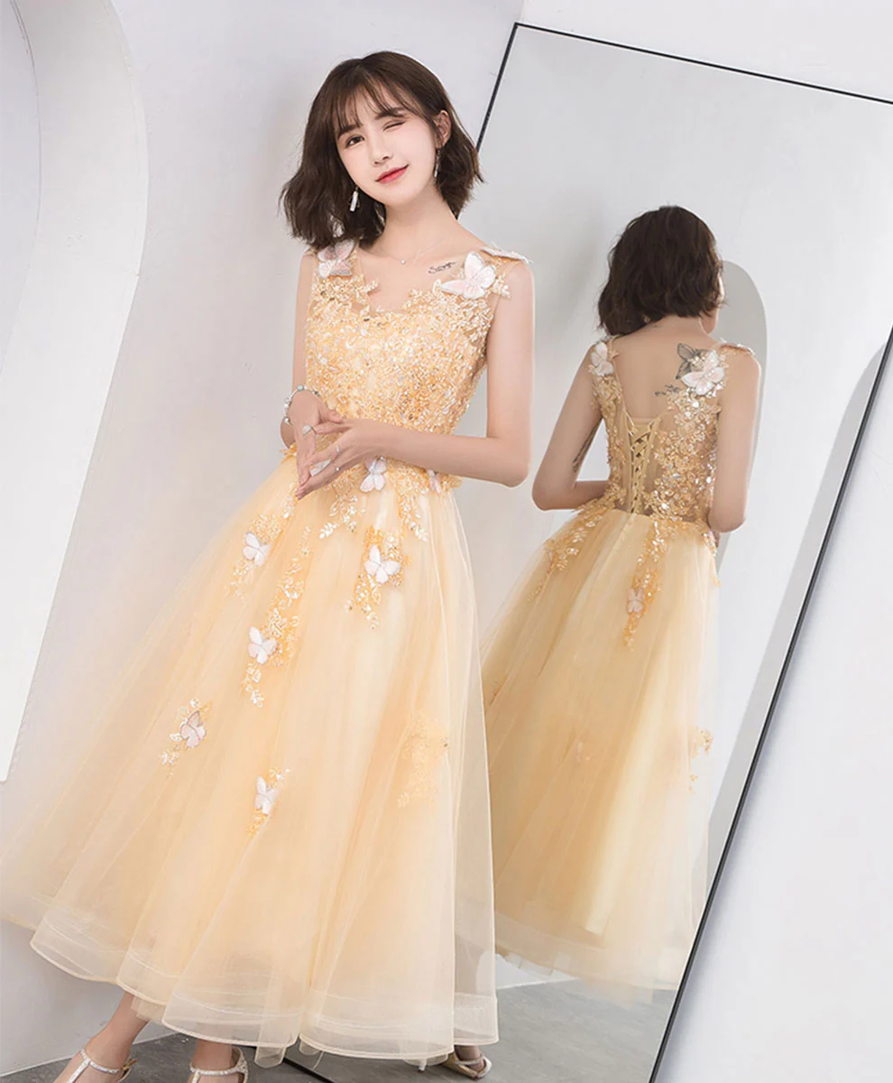 Champagne Lace Tulle Short Prom Dress, Champagne Lace Homecoming Dress - Deanwangkt