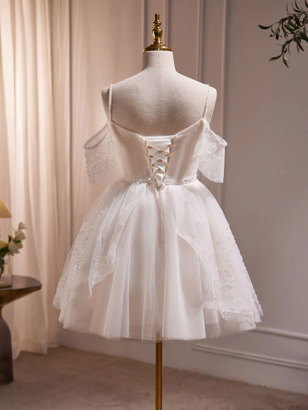 A-Line V Neck Tulle Short Beige Prom Dress, Cute Beige Homecoming Dress - Deanwangkt