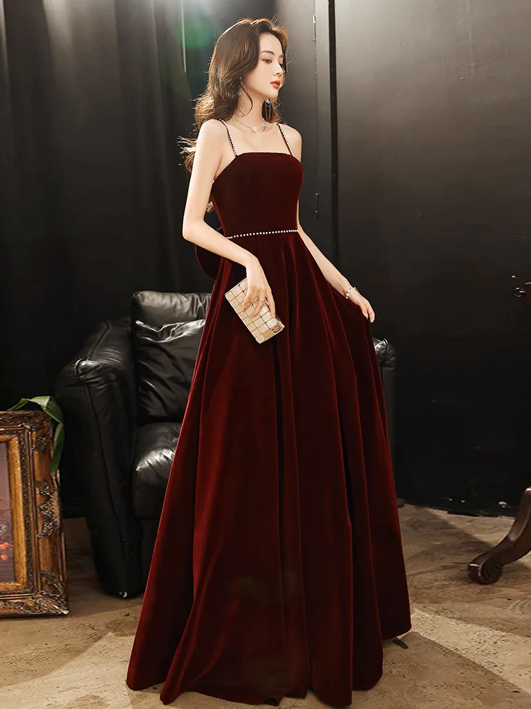 A-Line Velvet Burgundy Long Prom Dress, Burgundy Long Evening Dress - Deanwangkt