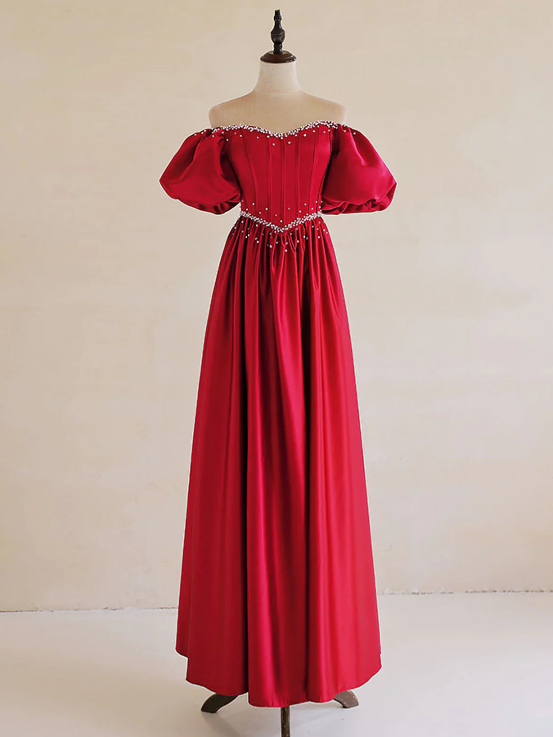 A-Line Burgundy Satin Puff Sleeves Long Prom Dress, Burgundy Formal Evening Dress - Deanwangkt