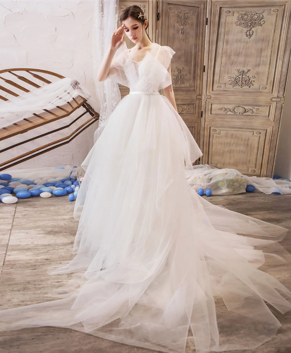 White V Neck Tulle Lace Long Wedding Dress Lace Bridal Dress - Deanwangkt