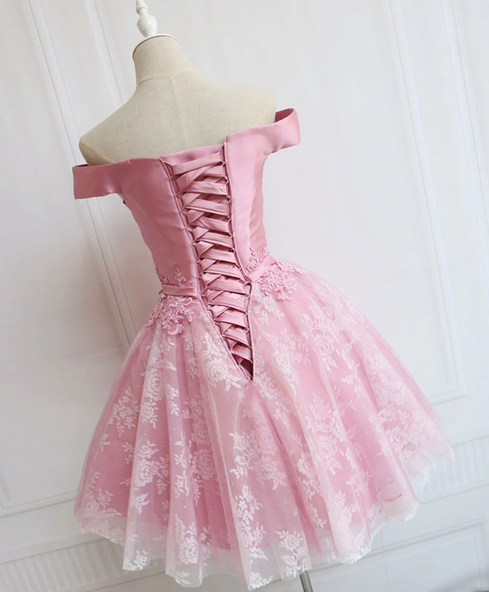 Tulle Of Shoulder Lace Short Pink Prom Dress Lace Homecoming Dress - Deanwangkt