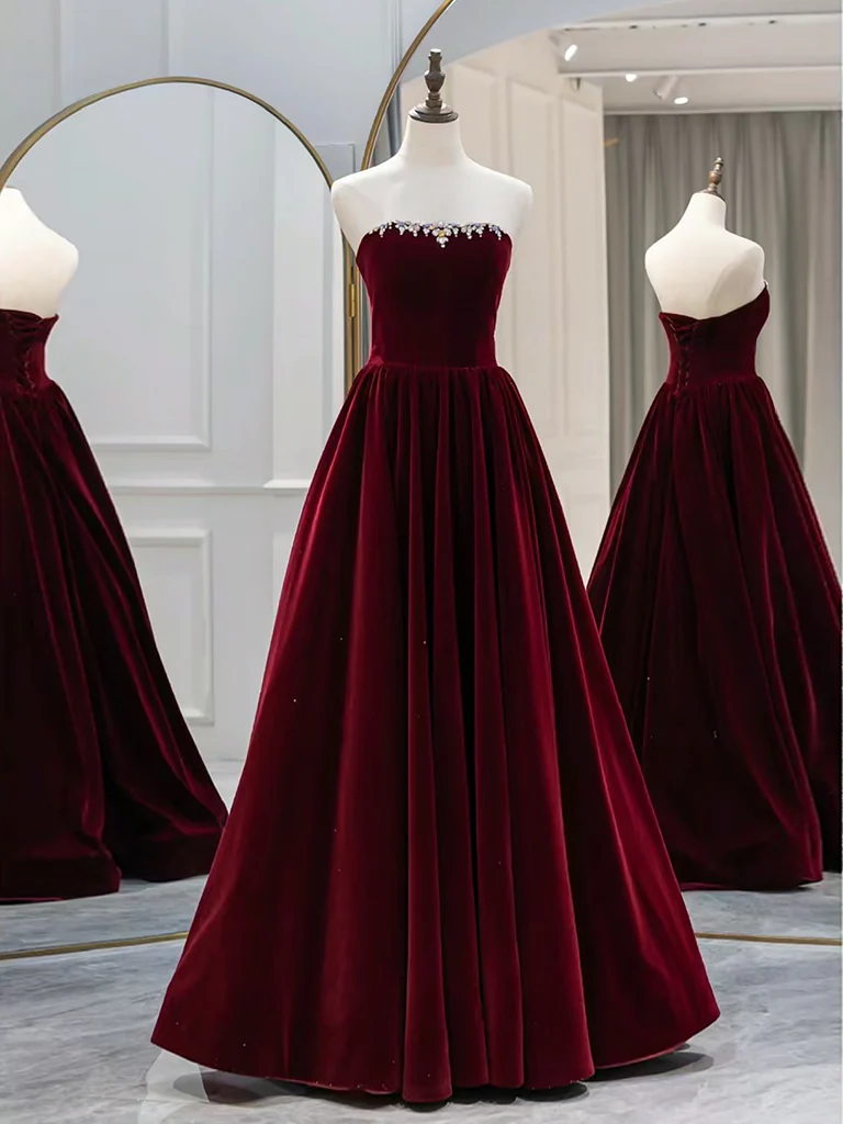 A-Line Long Sleeves Velvet Burgundy Long Prom Dress, Burgundy Long Evening Dress with Beads - Deanwangkt