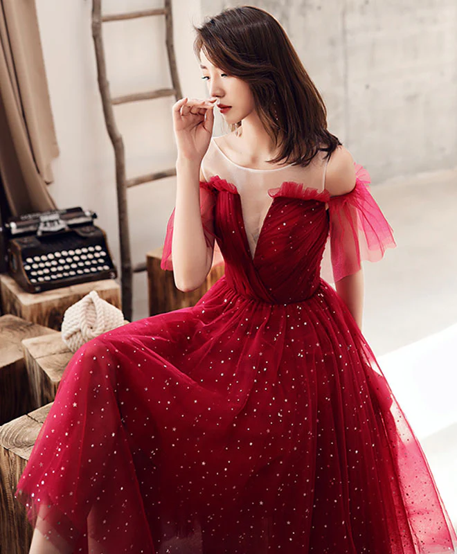 Burgundy Tulle Sequin Short Prom Dress, Burgundy Homecoming Dress - Deanwangkt