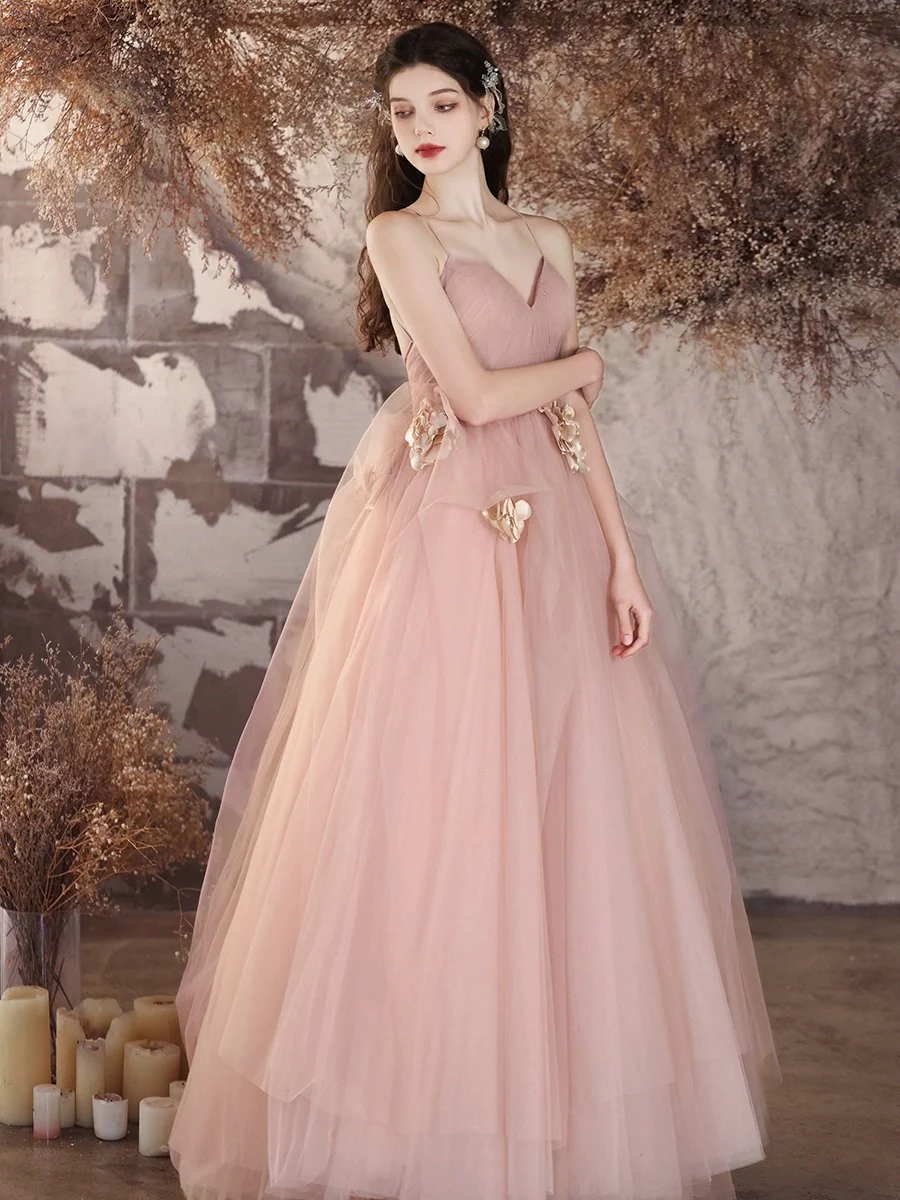 A-Line V Neck Tulle Flower Pink Long Prom Dress, Pink Long Evening Dress - Deanwangkt